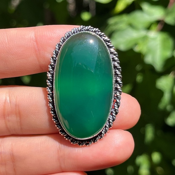 Size 9 925 silver plated green onyx large‎ statement ring - Picture 1 of 10